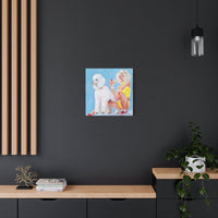 “Bitches & Poodles” canvas print displayed in a stylish room setting, highlighting its whimsical and glamorous appeal