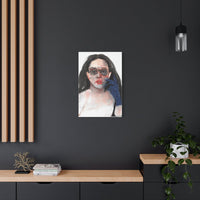 “Blue Glove” canvas print displayed on a dark wall, creating a striking contrast and emphasizing its bold design
