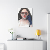“Blue Glove” canvas print hanging in a minimalistic room with clean white decor, enhancing the modern aesthetic