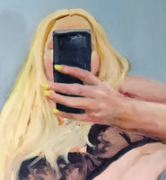 Close-up of “Social Currency” by Katrin Valgemäe, showcasing intricate details and expressive brushwor