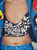 Close-up of the midsection in “Femme Fiasco 1,” featuring intricate details of the outfit and patterns