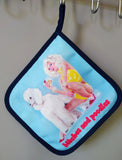 Detailed view of the artwork on “Bitches and Poodles” pot holder, reflecting Katrin Valgemäe’s bold and whimsical style