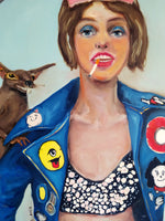 Detailed view of the upper half of “Femme Fiasco 1,” highlighting the jacket and expressive strokes
