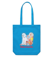 Front view of “Bitches and Poodles” canvas shopping bag, showcasing its bold and playful design