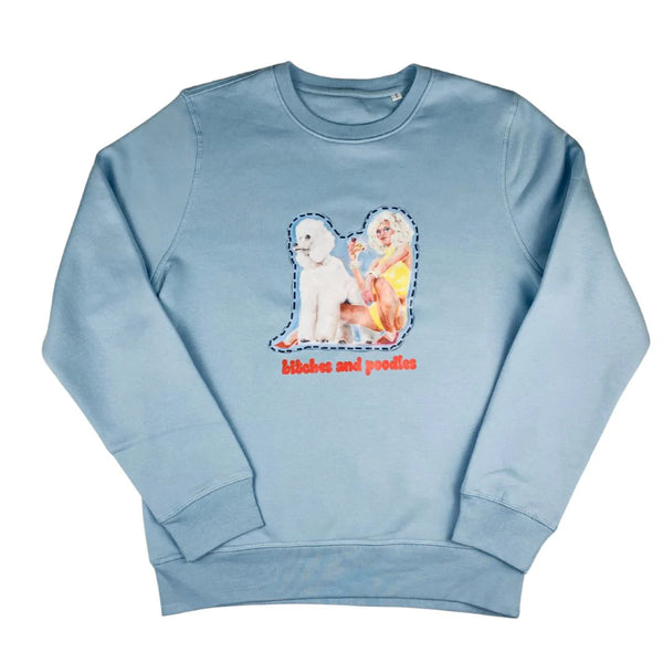 Front view of the unisex “Bitches and Poodles” crewneck by Katrin Valgemäe, made with organic cotton and recycled polyester