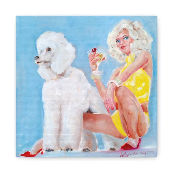 Full view of “Bitches & Poodles” canvas print by Katrin Valgemäe, featuring a bold design with a glamorous woman and her poodle.