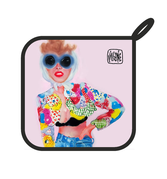 Full view of “Chick in Moschino” handmade pot holder by Katrin Valgemäe, featuring a bold and unapologetic design