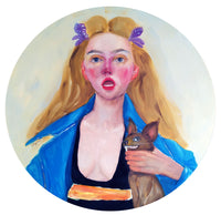 Full view of “Femme Fiasco 3,” a 1-meter diameter oil painting by Katrin Valgemäe, showcasing vibrant colors and bold composition