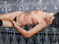 Full view of “PatternWhisperer” by Katrin Valgemäe, a 30 x 40 cm oil painting blending dreamlike patterns and reality.
