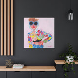 Large “Chick in Moschino” canvas print on a dark wall, becoming a striking focal point for contemporary living spaces