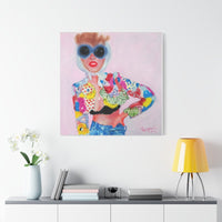 Large “Chick in Moschino” canvas print showcased on a white wall, making a dramatic and lively statement in any room