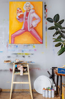 “Milk” painting by Katrin Valgemäe displayed in her studio, emphasizing its vibrant colors and striking composition