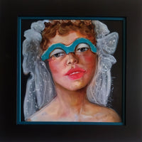 Painting “Bride” by Katrin Valgemäe, a 40 x 40 cm oil on canvas with a wooden frame, exploring relationship dynamics