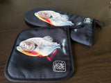 Pair of the “Carnivore” oven glove and matching pot holder, perfect for art enthusiasts and home chefs