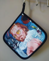 “Pervert in the Kitchen” pot holder by Katrin Valgemäe displayed in a kitchen setting, blending practicality and artistic expression