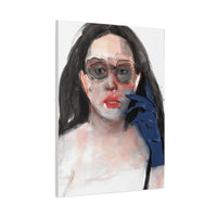 Side angle of “Blue Glove” canvas print, showing the depth and craftsmanship of the pine wood frame