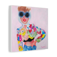 Side angle of “Chick in Moschino” canvas print, showcasing the detailed craftsmanship and premium pine wood frame