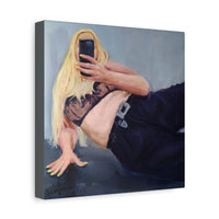 Side angle of “Social Currency” canvas print, showcasing its premium craftsmanship and pine wood frame