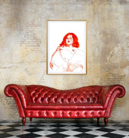 “Sketch 32” small canvas print displayed in a stylish room with a red couch, blending art and modern decor