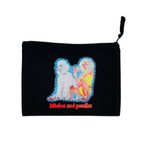 Front view of the “Bitches and Poodles” cosmetic bag by Katrin Valgemäe, made of recycled canvas