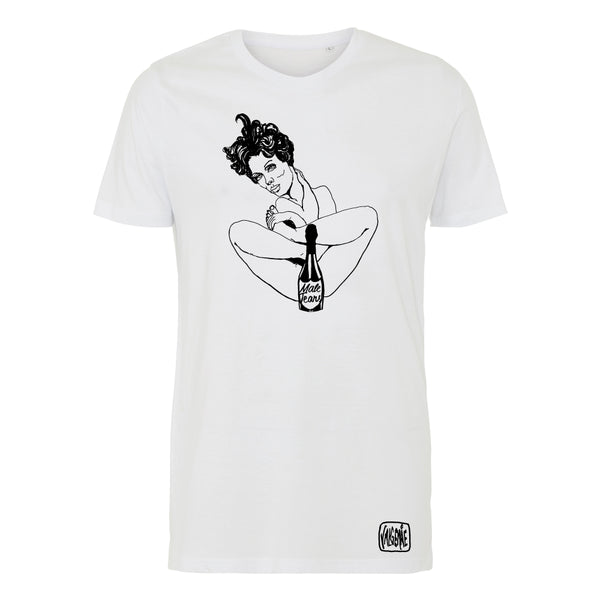 Front view of the “Male Tears” White T-shirt, showcasing its soft, combed cotton fabric and bold design