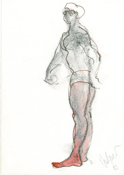 “Sketch 19” by Katrin Valgemäe, a 2013 ink and graphite artwork on thin paper, showcasing expressive figurative strokes and dynamic energy.